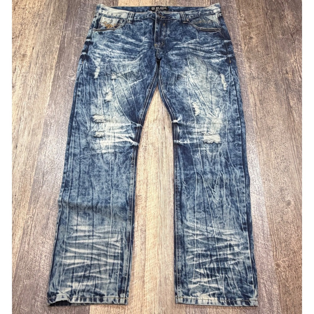 Black Premium Mens 38x32 (Fits 40") Low Rise Slim Straight Acid Wash Blue Jeans
